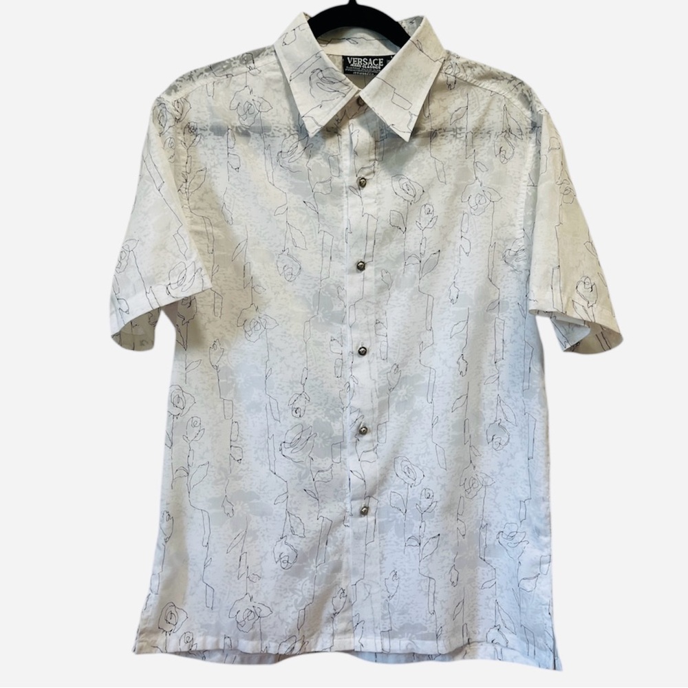 VTG Versace Jeans Classics Shirt Men L Floral Rose Jacquard White Ittierre Italy